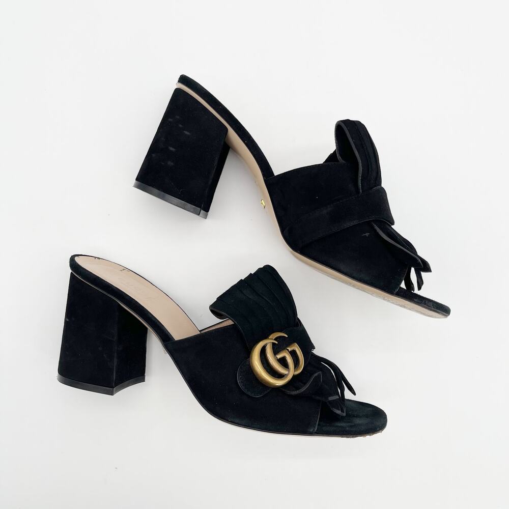 Gucci Marmont Black Suede Kiltie Fringe Block Heel Mules Sandals Slides EU 40 - Picture 4 of 13